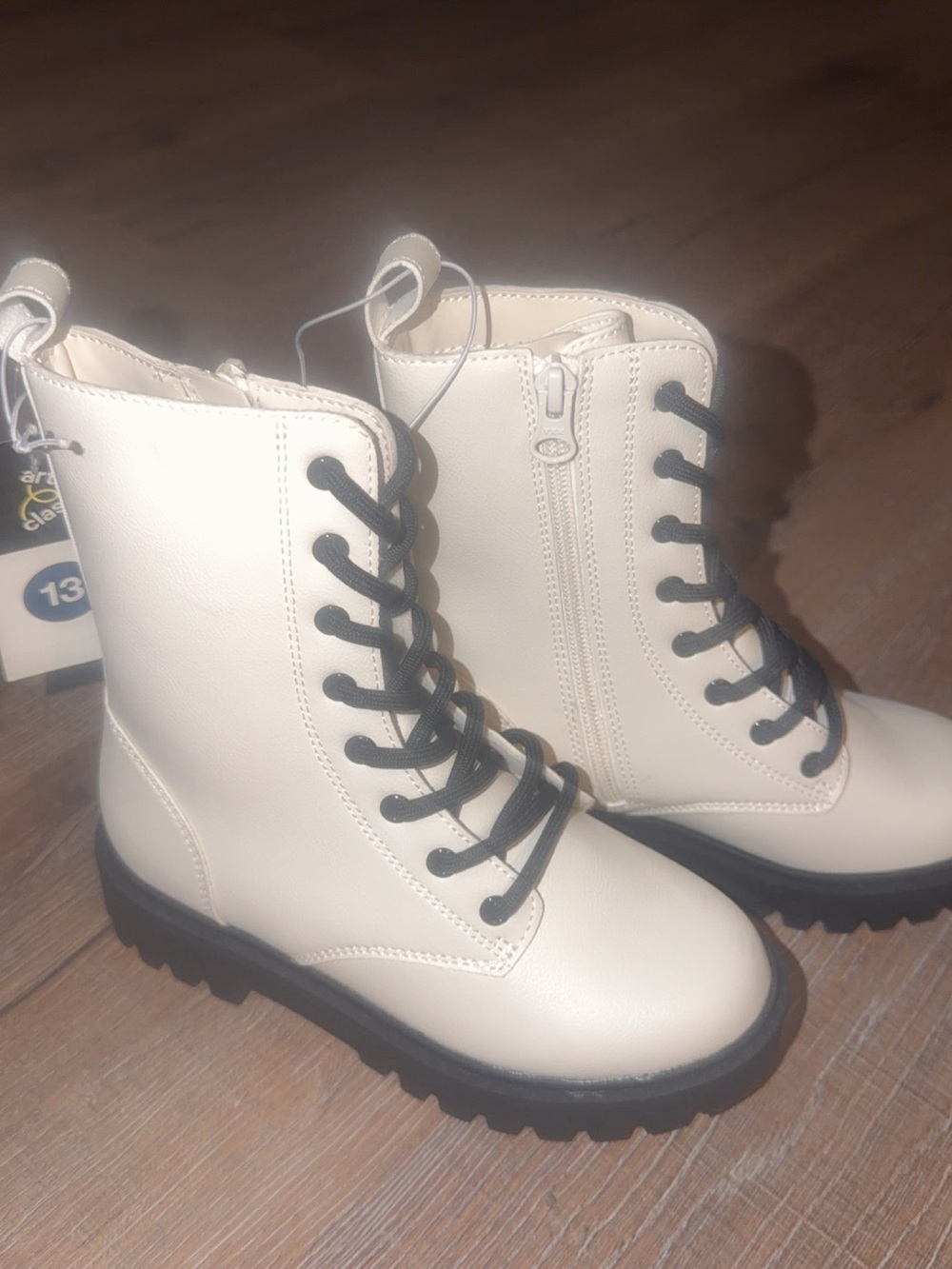 art class Cream Lace-Up Combat Boots with Black Soles